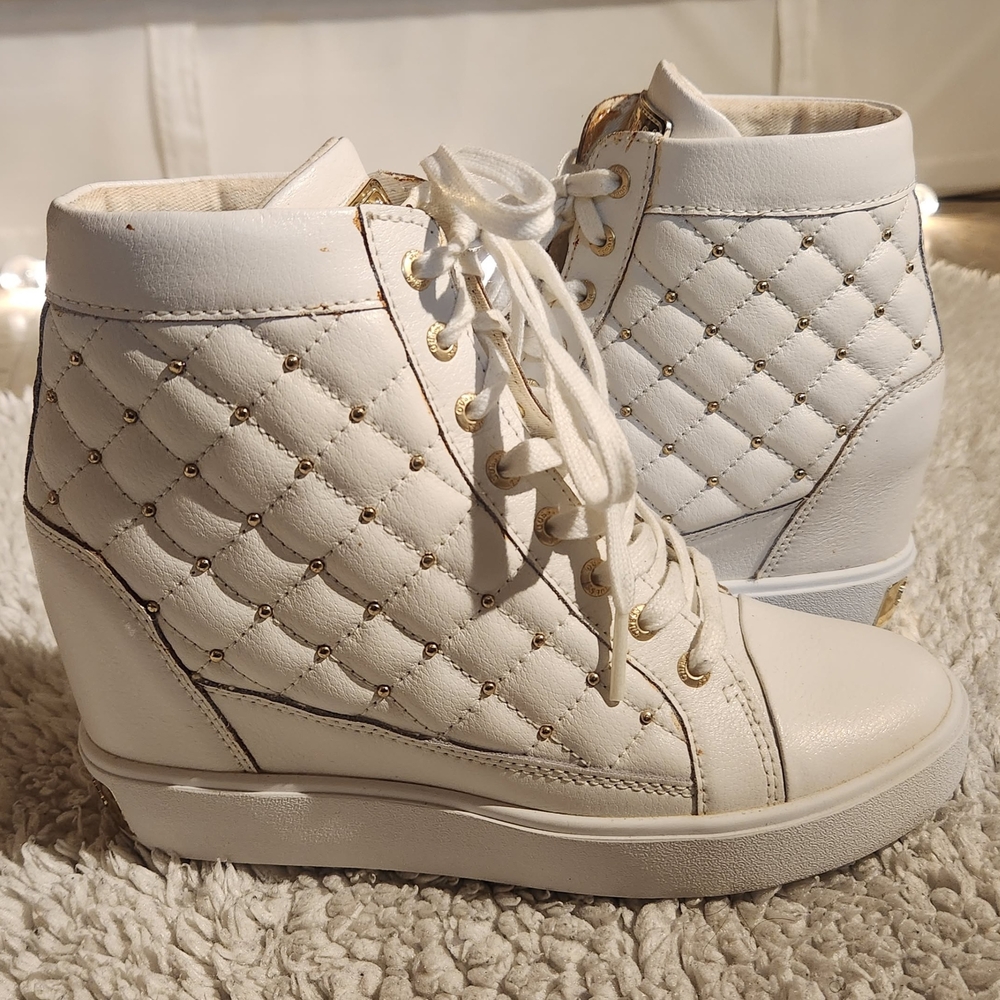 Guess White and Gold Quilted High-Top Sneakers